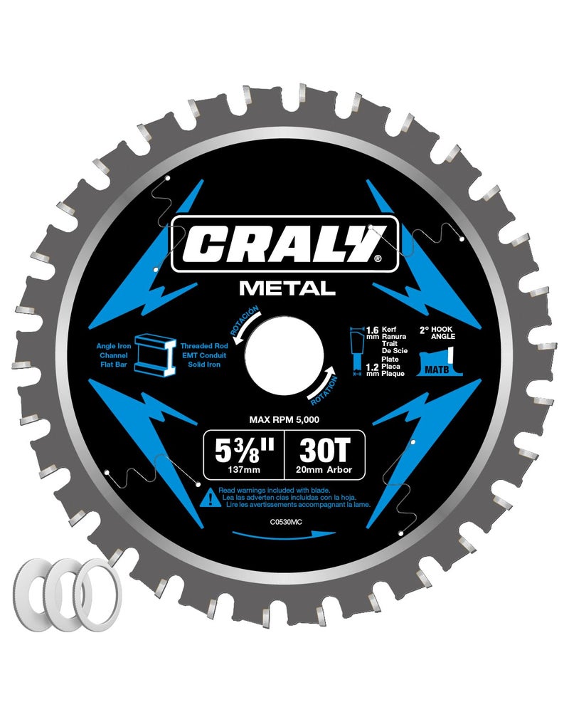 CRALY 5-3/8 Inch 30 Teeth Steel and Ferrous Metal Cutting Circular Saw Blade, 20 mm Arbor, Thin Kerf, Professional Carbide Tipped Blade for Angle Iron, Threaded Rod, EMT Conduit(C0530MC) - Image 1